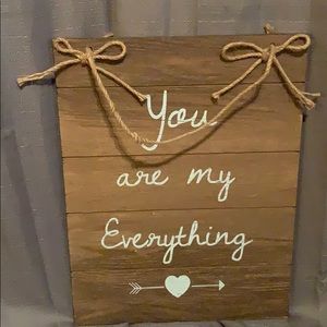 Wooden sign, burlap hang strap with white letters